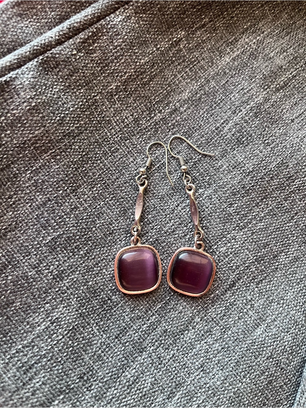 Women’s Amethyst Drop Earrings - Dainty Square Dangle Silver and Copper Tone